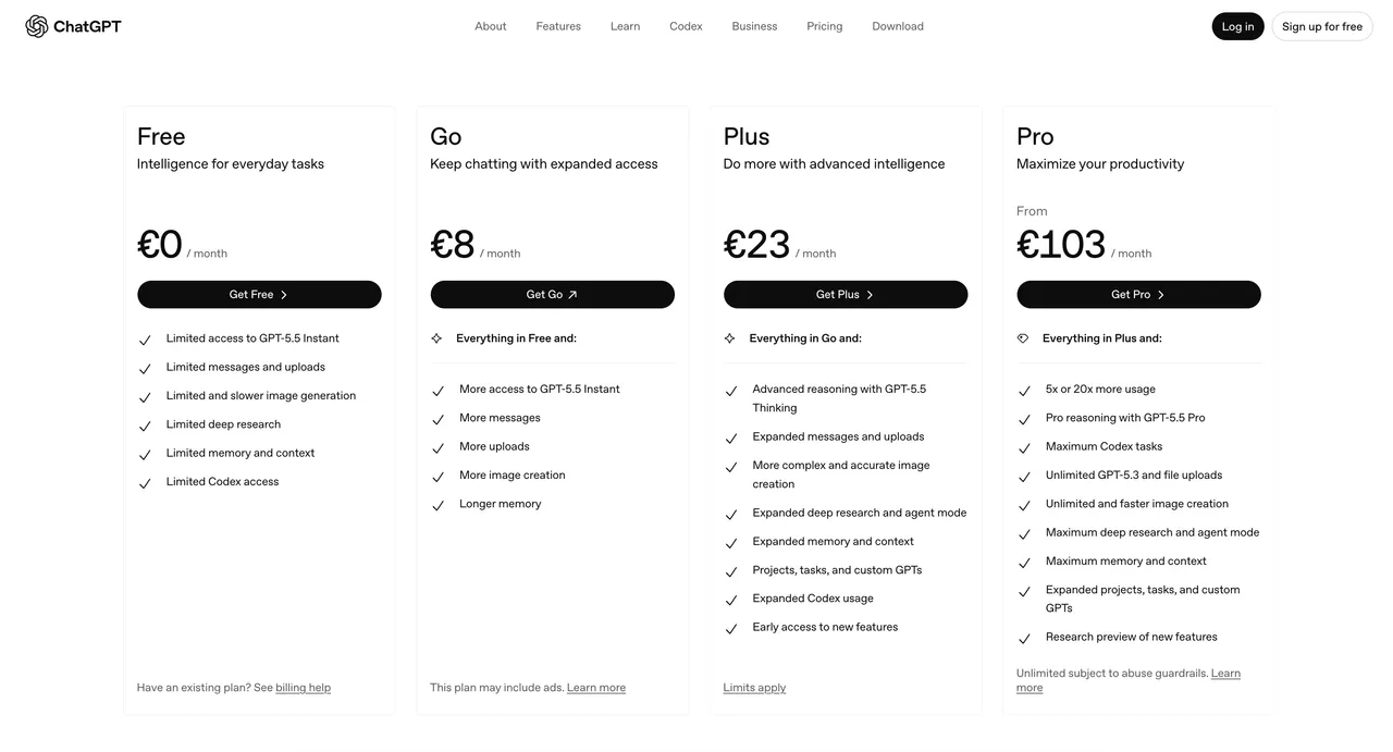 ChatGPT pricing page showing Free, Go, Plus, and Pro tiers