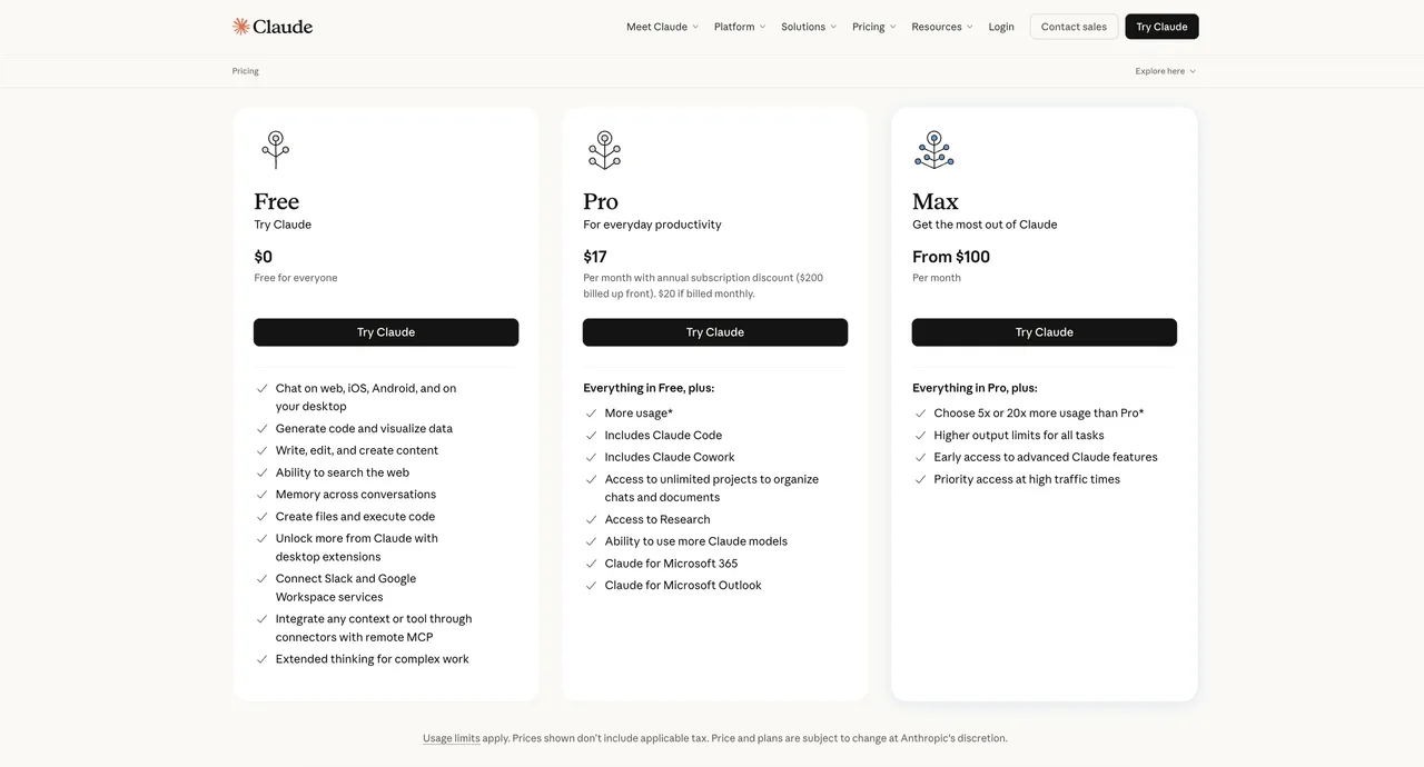 Claude pricing page showing Free, Pro, and Max tiers