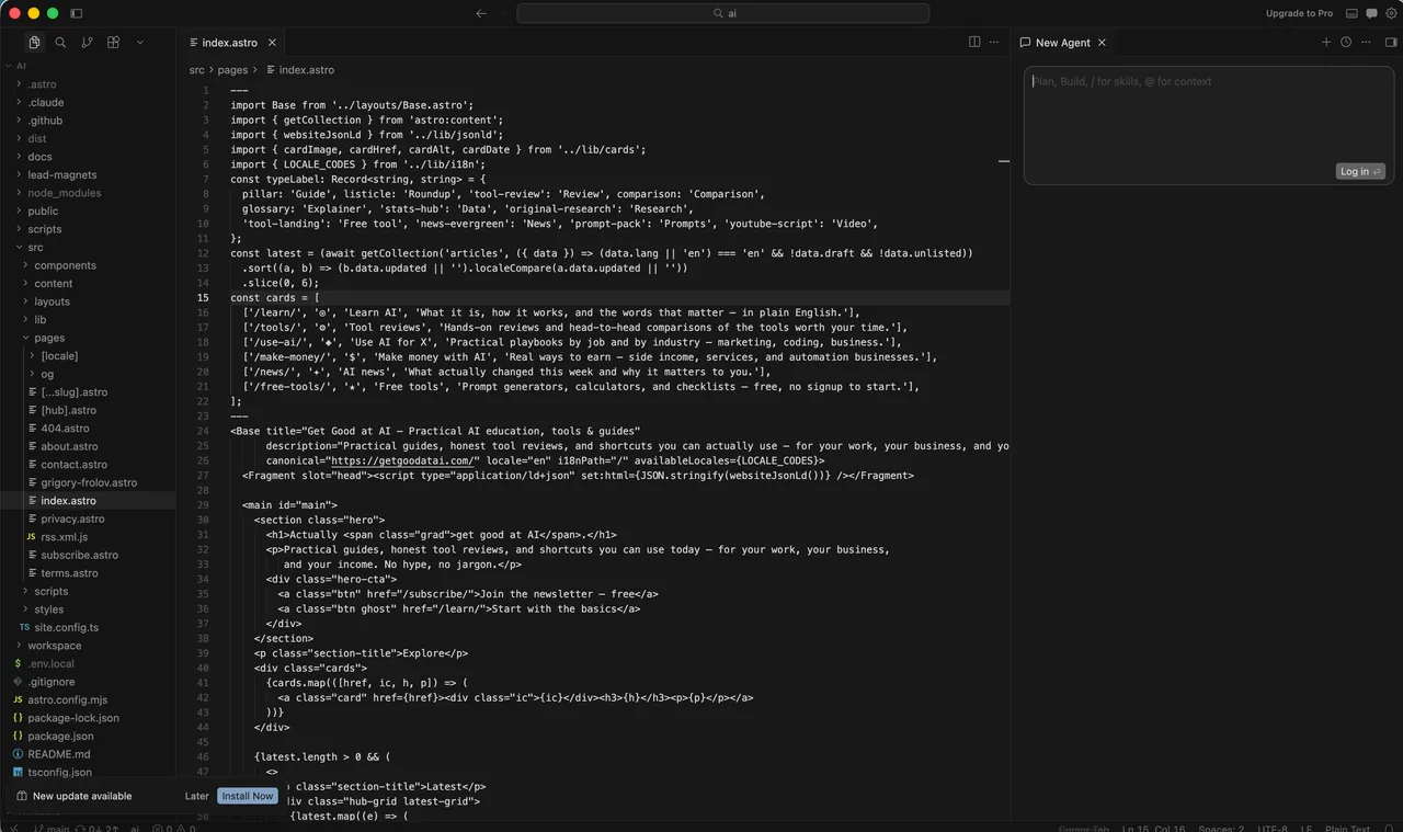 L'editor Cursor con codice aperto e il pannello agente AI sulla destra