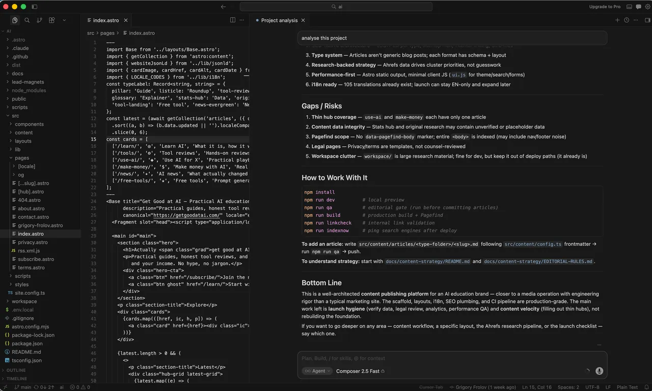 Il pannello chat di Cursor che analizza un progetto e risponde a una domanda sul codebase