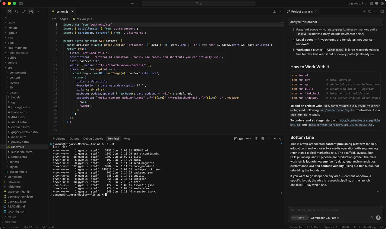 Cursor che esegue un task agente con il terminale integrato aperto e il selettore modello che mostra Composer