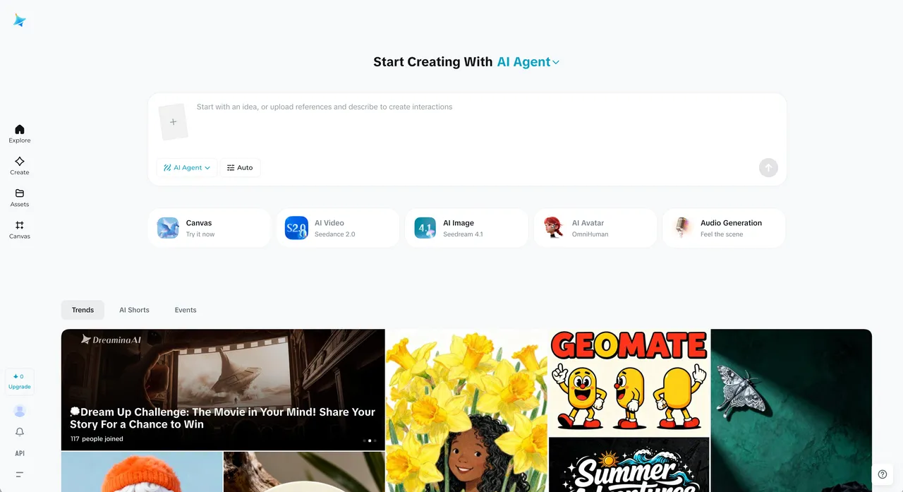 Dreamina AI home screen with Start Creating With AI Agent and modes for Canvas, AI Video, AI Image, AI Avatar and Audio Generation