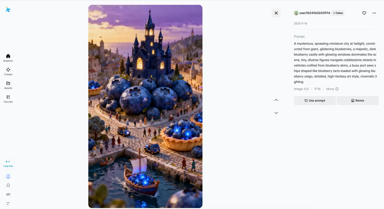 A detailed AI image generated in Dreamina shown with its prompt and Use prompt / Remix buttons