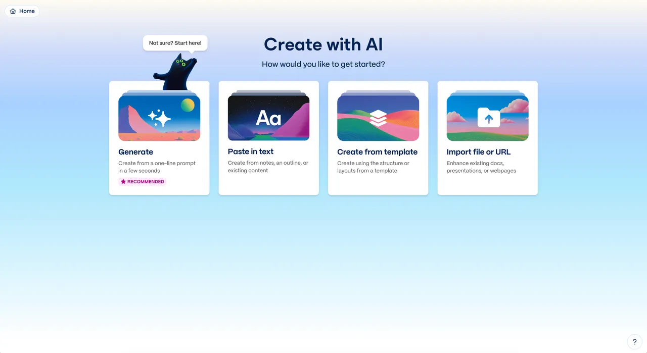 Gamma's Create with AI screen with Generate, Paste in text, Template, and Import options