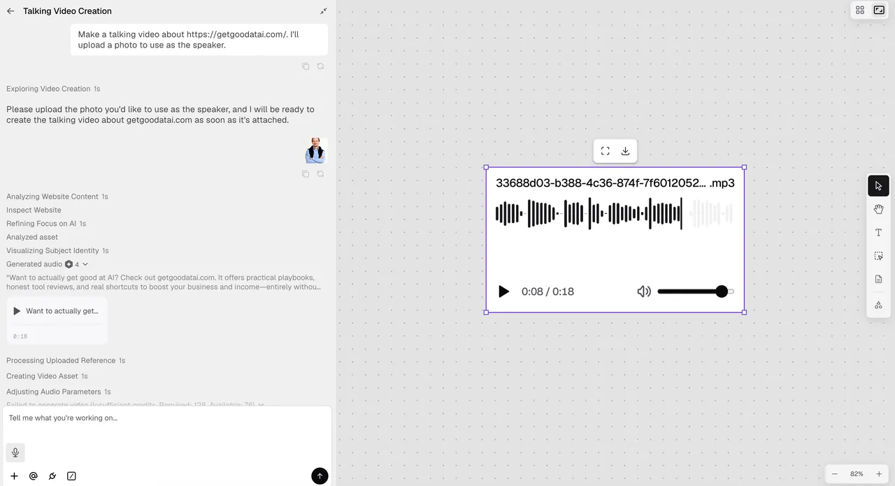 Hedra Studio creating a talking video, showing the generated audio waveform that drives the character's lip-sync