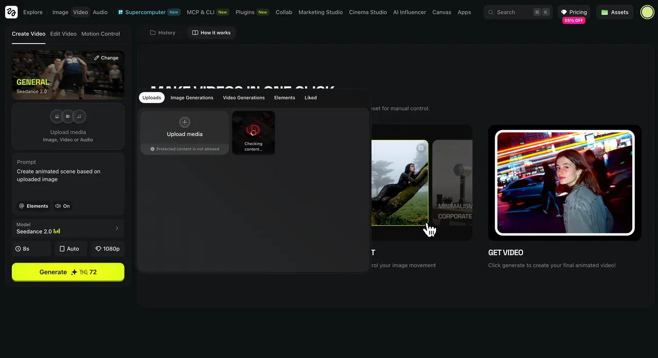 The Higgsfield AI create-video studio: upload media, choose a model, and generate