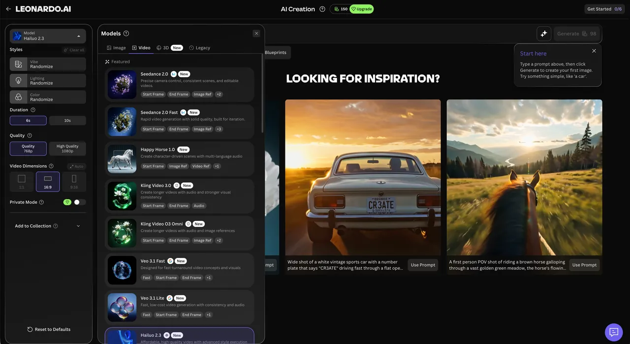 Leonardo AI's creation interface with its own and community models plus example generations
