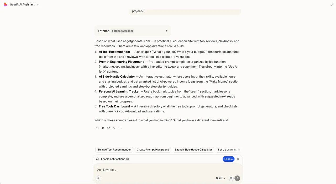 Lovable chat proposing app features in plain English with an Ask Lovable box at the bottom