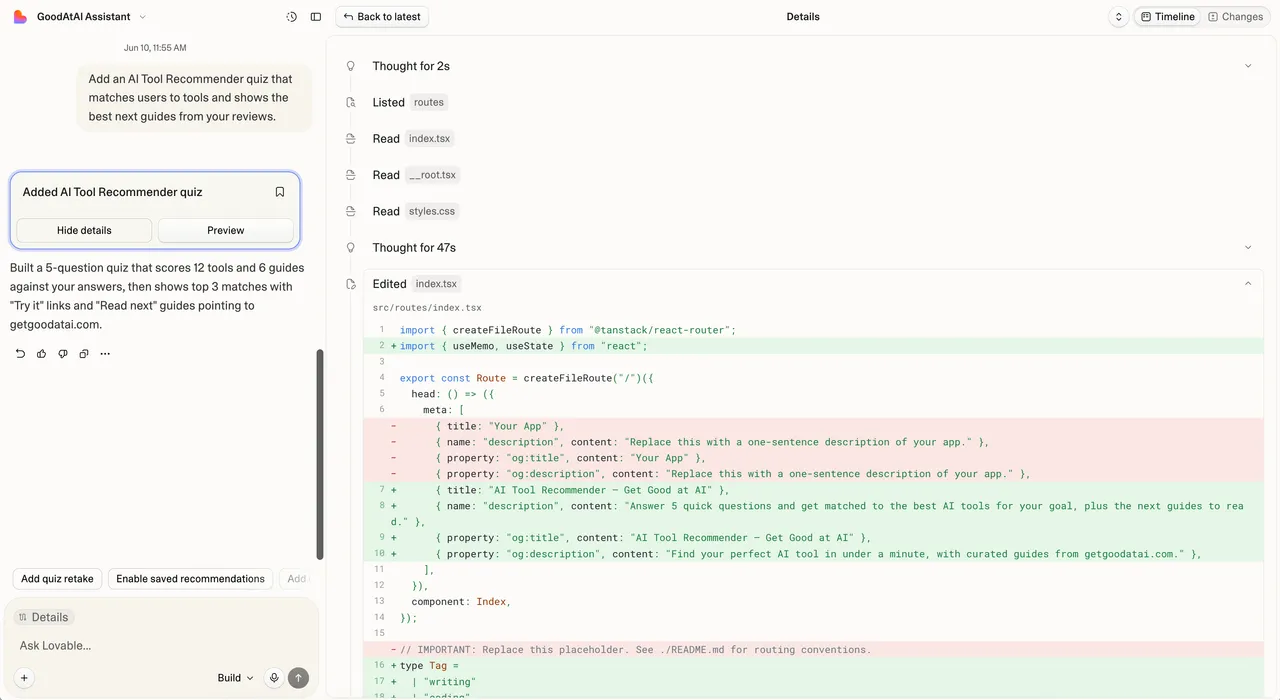 Lovable's detail view showing the actual React code it edited, as a diff you can review