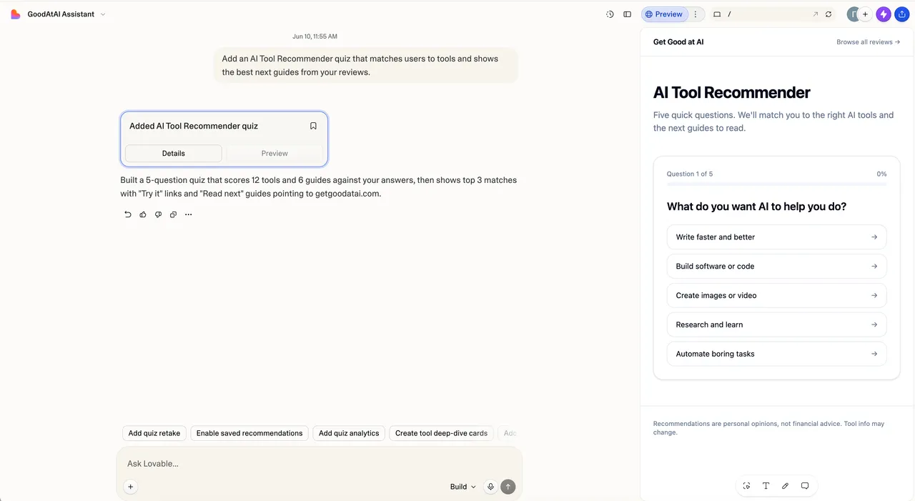 Lovable showing the chat on the left and a live, clickable preview of the generated app on the right