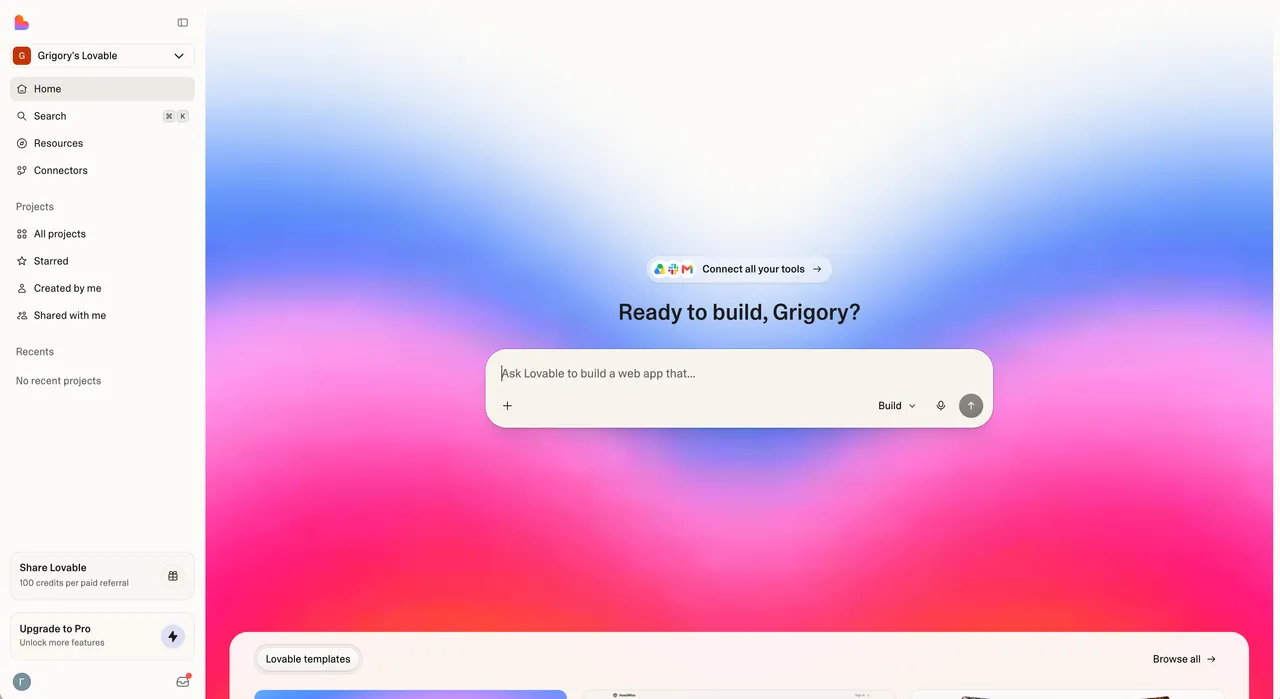Lovable's home screen with a prompt box that says Ask Lovable to build a web app that…