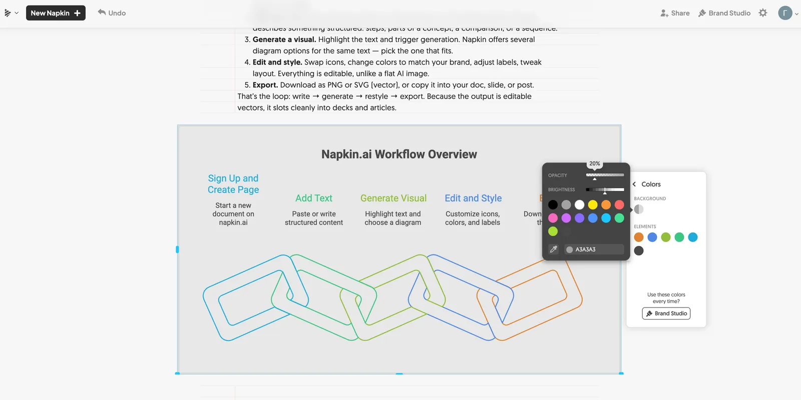 Restyling a Napkin AI diagram with the color palette and Brand Studio panel