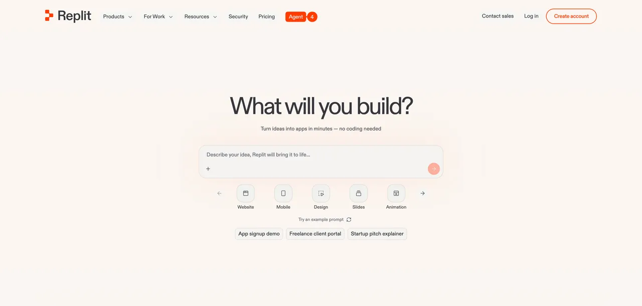 Replit's AI agent prompt — describe an app to build in the browser