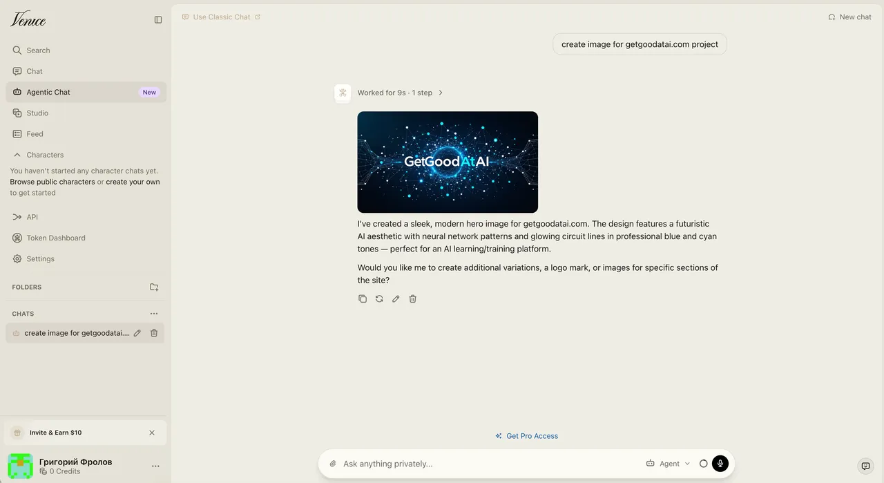 Venice AI generating an image inside a private chat, with an Ask anything privately input box